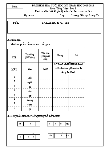 Bài kiểm tra cuối học kì 1 Tiếng Việt Lớp 1 - Trường TH Trừng Xá