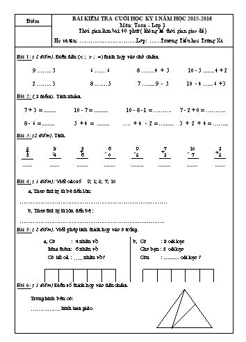 Bài kiểm tra cuối học kì 1 Toán Lớp 1 - Trường TH Trừng Xá