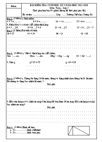Bài kiểm tra cuối học kì 1 Toán Lớp 2 - Trường TH Trừng Xá