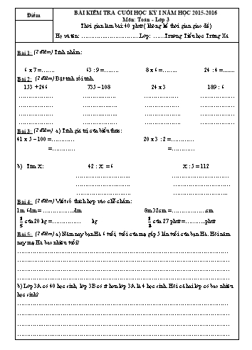 Bài kiểm tra cuối học kì 1 Toán Lớp 3 - Trường TH Trừng Xá