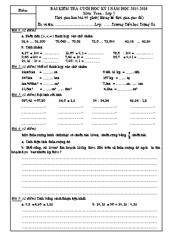 Bài kiểm tra cuối học kì 1 Toán Lớp 5 - Trường TH Trừng Xá