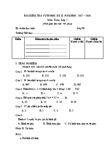 Bài kiểm tra cuối học kì 2 Toán Lớp 2 (Có đáp án)