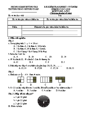 Bài kiểm tra định kì cuối năm Toán Lớp 2 - Trường TH số 3 Hương Toàn (Có hướng dẫn chấm)