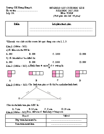 Đề khảo sát cuối học kì 2 Toán Lớp 2 - Trường TH Phùng Hưng A (Có đáp án)