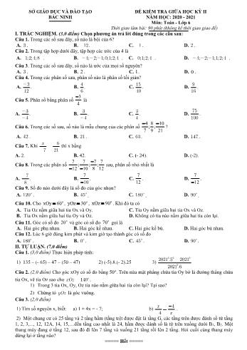 Đề kiểm tra giữa học kì 2 Toán Lớp 6 - Năm học 2020-2021 - Sở GD&ĐT Bắc Ninh (Có hướng dẫn chấm)