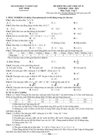 Đề kiểm tra giữa học kì 2 Toán Lớp 7 - Năm học 2020-2021 - Sở GD&ĐT Bắc Ninh (Có hướng dẫn chấm)