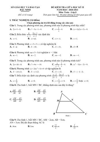 Đề kiểm tra giữa học kì 2 Toán Lớp 8 - Năm học 2020-2021 - Sở GD&ĐT Bắc Ninh (Có hướng dẫn chấm)