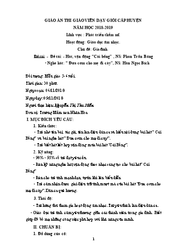 Giáo án Mầm non Lớp Lá - Lĩnh vực: Phát triển thẩm mĩ - Chủ đề: Gia đình - Đề tài: Hát, vận động Cái bống - Nguyễn Thị Thu Hiền