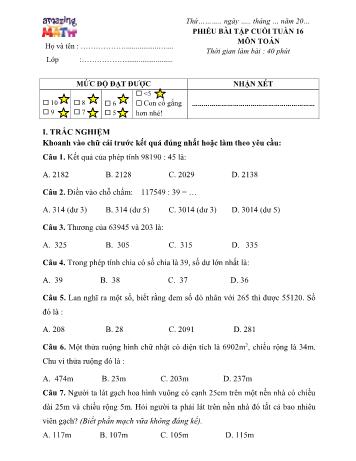 Phiếu bài tập Toán Lớp 4 - Tuần 16