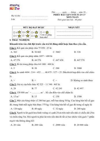 Phiếu bài tập Toán Lớp 4 - Tuần 17