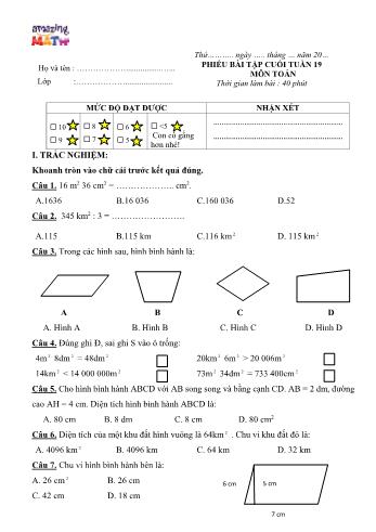 Phiếu bài tập Toán Lớp 4 - Tuần 19