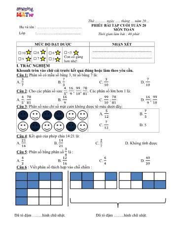 Phiếu bài tập Toán Lớp 4 - Tuần 20