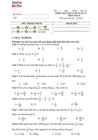 Phiếu bài tập Toán Lớp 4 - Tuần 27