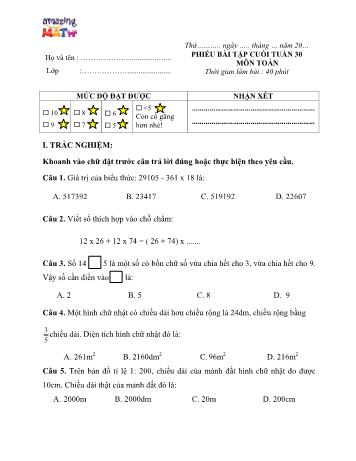 Phiếu bài tập Toán Lớp 4 - Tuần 30