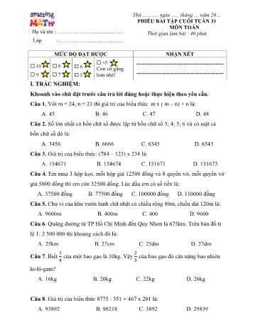 Phiếu bài tập Toán Lớp 4 - Tuần 31