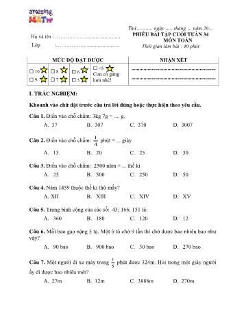 Phiếu bài tập Toán Lớp 4 - Tuần 34
