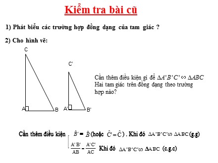 Bài giảng Toán Lớp 8 - Các trường hợp đồng dạng của tam giác vuông