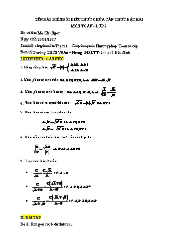 Bài tập Toán Lớp 9 - Biến đổi biểu thức chứa căn thức bậc hai - Mai Thị Ngọc
