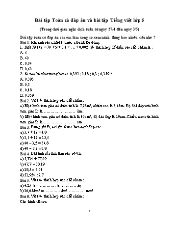 Bài tập Toán và Tiếng Việt Lớp 5 (Có đáp án)