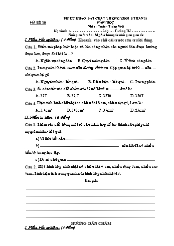 Đề khảo sát chất lượng Toán và Tiếng Việt Lớp 5 - Tuần 21 - Mã đề: 20 (Có hướng dẫn chấm)