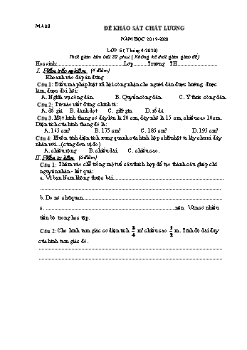 Đề khảo sát chất lượng Toán và Tiếng Việt Lớp 5 - Tuần 21 - Mã đề: 08 (Có hướng dẫn chấm)