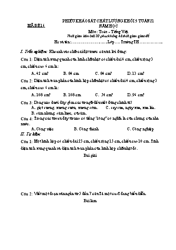 Đề khảo sát chất lượng Toán và Tiếng Việt Lớp 5 - Tuần 21 - Mã đề: 16 (Có hướng dẫn chấm)
