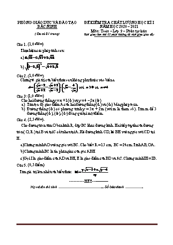 Đề kiểm tra chất lượng học kì 1 Toán Lớp 9 - Năm học 2020-2021 - Phòng GD&ĐT Bắc Ninh