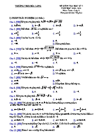 Đề kiểm tra học kì 1 Toán Lớp 9 - Năm học 2020-2021 - Trường THCS Hòa Long (Có hướng dẫn chấm)