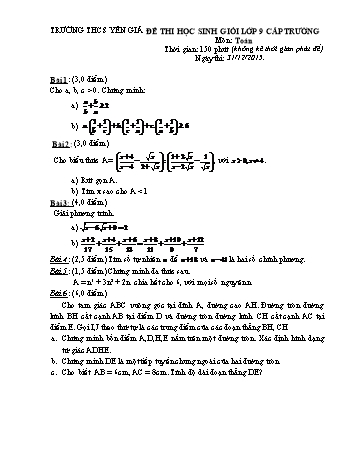 Đề thi học sinh giỏi cấp trường Toán Lớp 9 - Trường THCS Yên Giả (Có đáp án)