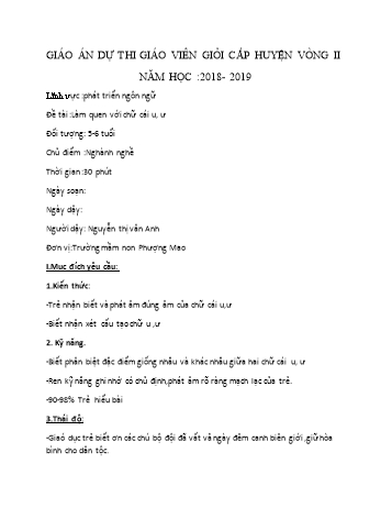 Giáo án Mầm non Lớp Lá - Lĩnh vực: Phát triển ngôn ngữ - Chủ đề: Ngành nghề - Đề tài: Làm quen với chữ cái u, ư - Nguyễn Thị Vân Anh