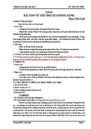 Giáo án Ngữ văn Lớp 9 - Tiết 48: Văn bản Bài thơ về tiểu đội xe không kính - Đinh Thị Thắm