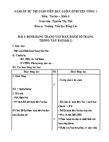 Giáo án Tin học Lớp 5 - Bài 4: Định dạng trang văn bản, đánh số trang trong văn bản - Nguyễn Thị Thu
