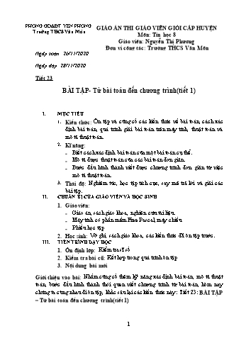 Giáo án Tin học Lớp 8 - Tiết 23: Bài tập từ bài toán đến chương trình (Tiết 1) - Nguyễn Thị Phương