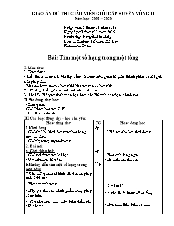 Giáo án Toán Lớp 2 - Tìm một số hạng trong một tổng - Nguyễn Thị Hiệp