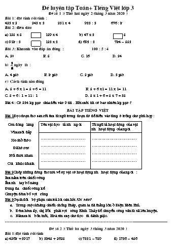 Phiếu bài tập ở nhà Toán và Tiếng Việt Lớp 3 - Đề số 1