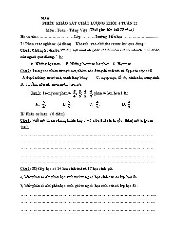 Phiếu khảo sát chất lượng Toán và Tiếng Việt Lớp 4 - Tuần 22 - Mã đề: 01 (Có hướng dẫn chấm)