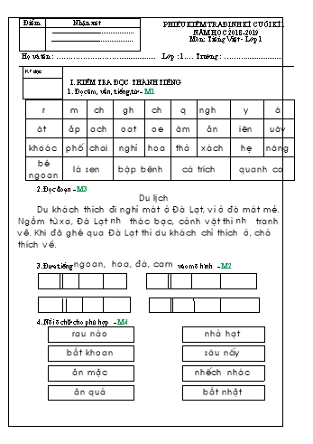 Phiếu kiểm tra định kì cuối kì 1 Tiếng Việt Lớp 1 (Có hướng dẫn)