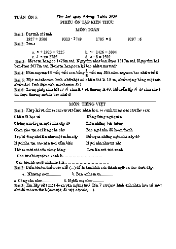 Phiếu ôn tập kiến thức Toán và Tiếng Việt Lớp 3 - Tuần 5