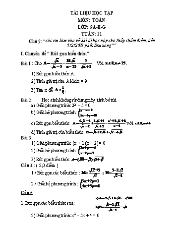 Tài liệu Toán Lớp 9 - Tuần 21