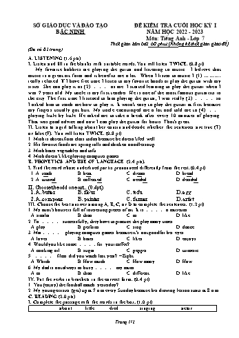 Đề kiểm tra cuối học kỳ I môn Tiếng Anh Lớp 7 - Năm học 2022-2023 - Sở GD&ĐT Bắc Ninh