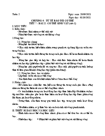 Giáo án Sinh học Lớp 6 Sách KNTT - Tiết 7, Bài 22: Cơ thể sinh vật (Tiết 1) - Năm học 2021-2022