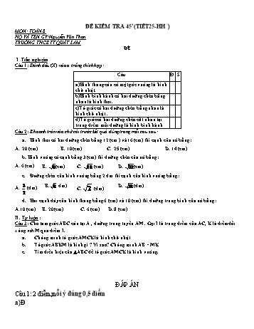 2 Đề kiểm tra 1 tiết môn Hình học Lớp 8 - Nguyễn Văn Thân (Có đáp án)