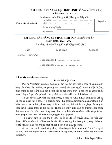 Bài khảo sát năng lực học sinh Lớp 6 môn Tiếng Việt (Mới tuyển) - Năm học 2023-2024 (Kèm đáp án)