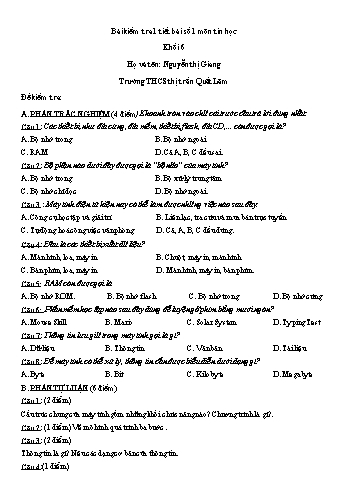 Bài kiểm tra 1 tiết môn Tin học Khối 6 - Bài số 1 - Nguyễn Thị Giang (Có đáp án)