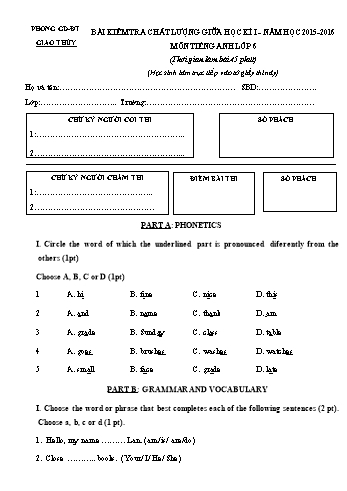 Bài kiểm tra chất lượng giữa học kì I môn Tiếng Anh Lớp 6 - Năm học 2015-2016 - Trường THCS Giao An