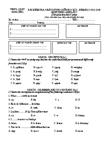 Bài kiểm tra chất lượng giữa học kì I môn Tiếng Anh Lớp 7 - Năm học 2015-2016 - Trường THCS Giao An