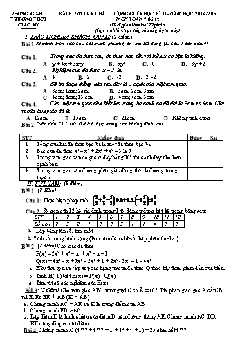 Bài kiểm tra chất lượng giữa học kì II môn Toán 7 - Năm học 2014-2015 - Trường THCS Giao An (Có đáp án)