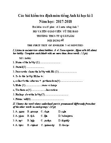 Bài kiểm tra định kì học kì 1 môn Tiếng Anh Lớp 7+9 - Năm học 2017-2018 - Vũ Thị Đào (Có đáp án)