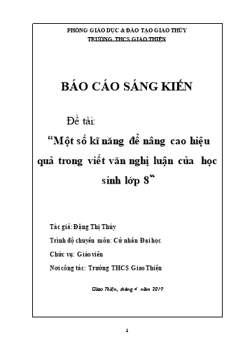 Báo cáo Sáng kiến Một số kĩ năng để nâng cao hiệu quả trong viết văn nghị luận của học sinh Lớp 8