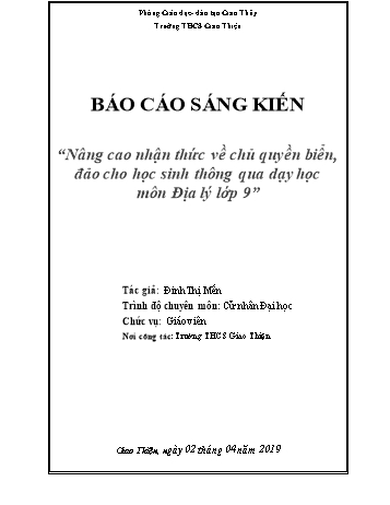 Báo cáo Sáng kiến Nâng cao nhận thức về chủ quyền biển, đảo cho học sinh thông qua dạy học môn Địa lý Lớp 9